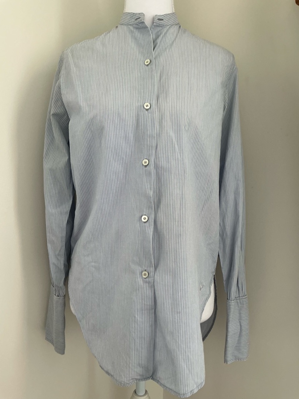 Women’s Light Blue Pinstripe Mandarin Collar Shirt